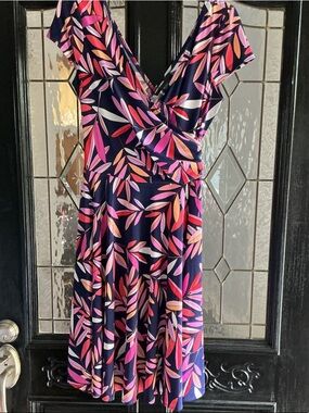 Maggy London Navy Wrap-Style Midi Dress with Pink & Coral Leaf Print